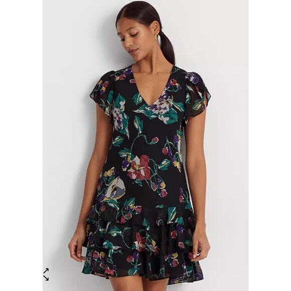 RALPH LAUREN V-neck Ruffled Hem Floral Georgette Drop Waist Layered Dres Sz‎ 4 - Picture 1 of 9